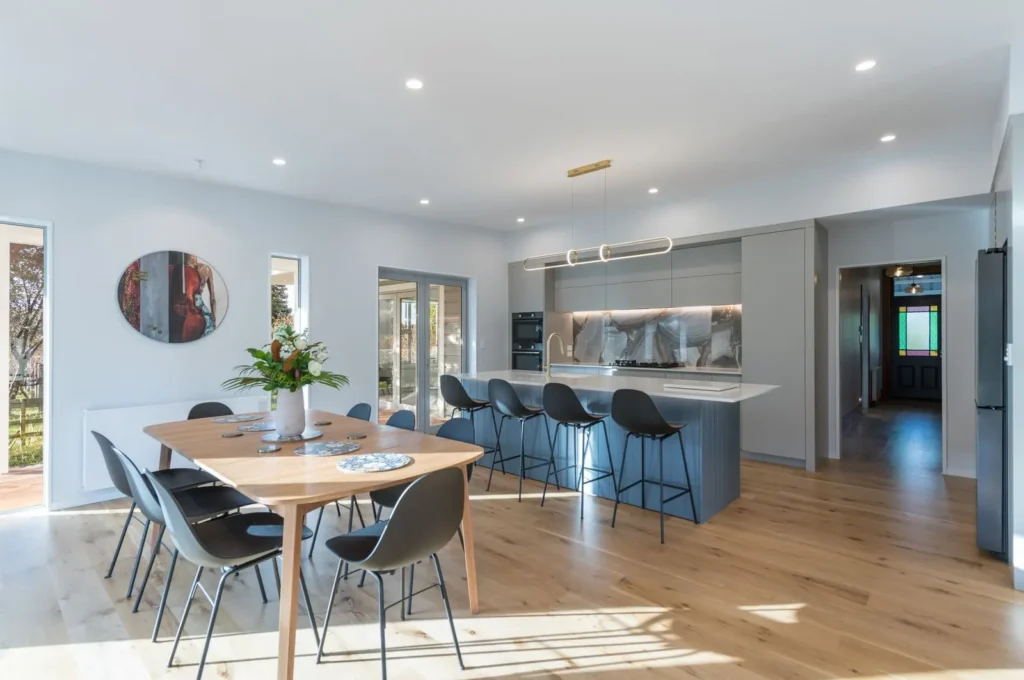 New dining and kitchen area in the Takaka Hill villa renovation