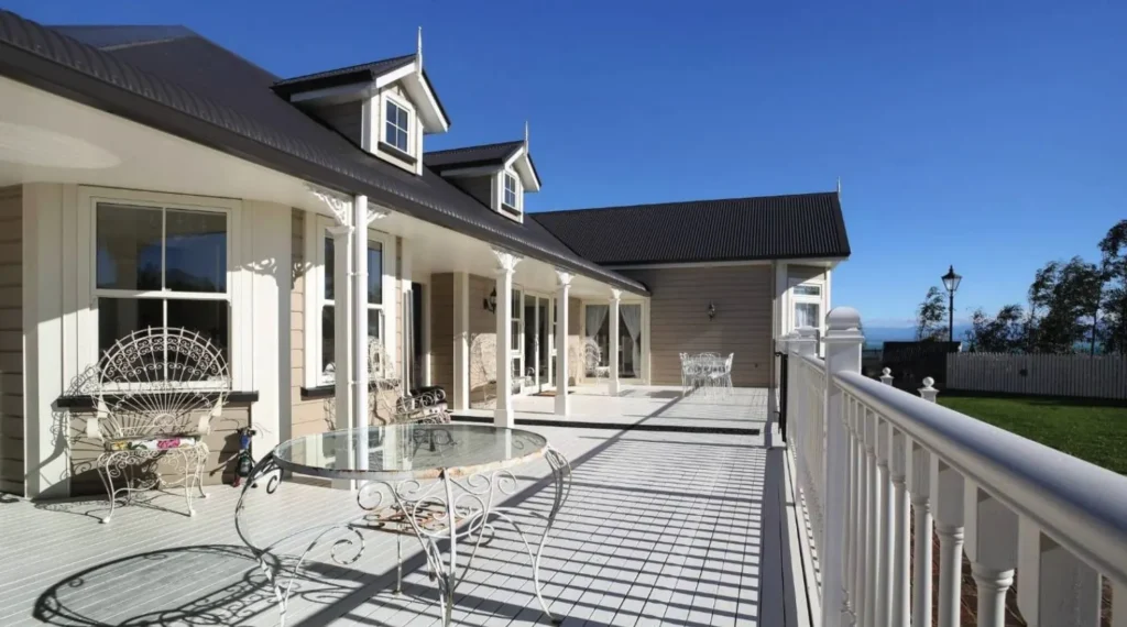 White timber deck and railings at the Wakapuaka colonial home